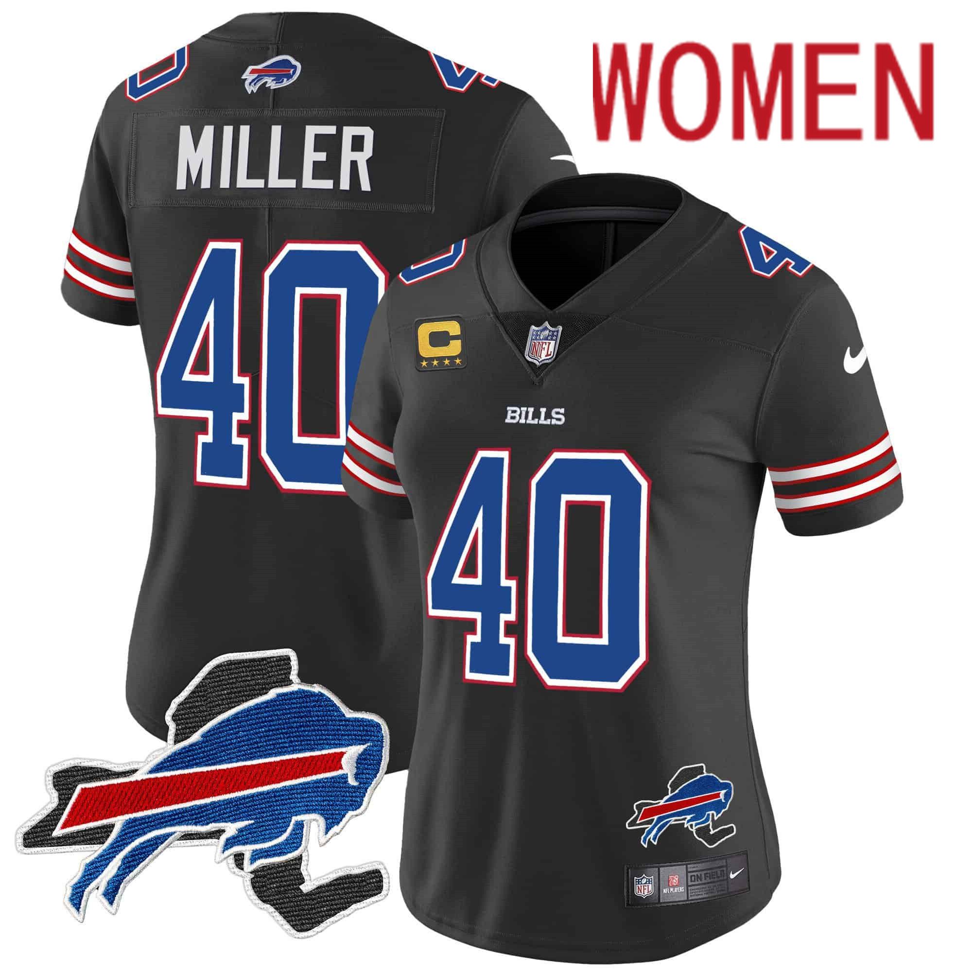 Women Buffalo Bills #40 Miller Black 2024 Nike Patch Vapor Limited NFL Jersey style 1->customized nfl jersey->Custom Jersey